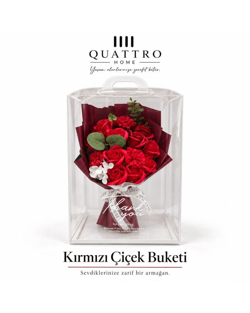 Kırmızı Gül Buketi Şeffaf Kutulu ve Kokulu-32 cm boyutunda şeffaf koruyucu kutu içerisinde