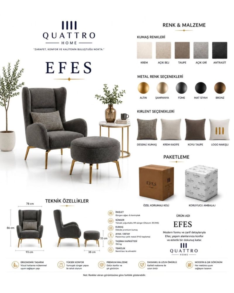 Efes Berjer ve Puf – Premium Kumaşlı, Gold Metal Ayaklı Modern Takım