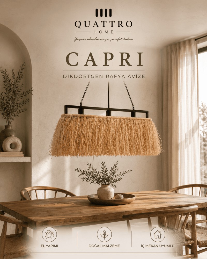 CAPRİ Dikdörtgen Rafya Avize 60x20 cm Hasır Görünümlü Doğal Sarkıt Aydınlatma