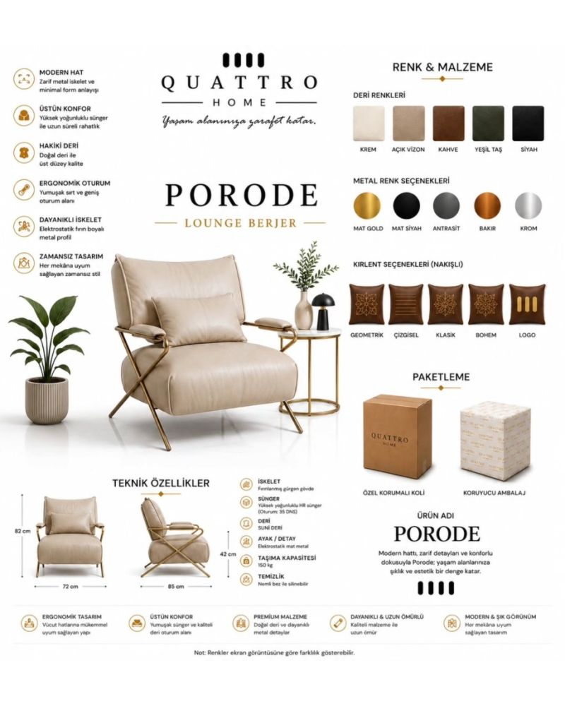 Porode Lounge Berjer – Modern Metal İskeletli, Deri Döşemeli Konforlu Koltuk