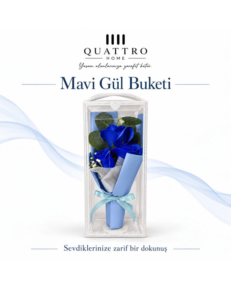 Mavi Renkli 2li Gül Buketi - Şeffaf Kutulu-25 cm boyutlarında