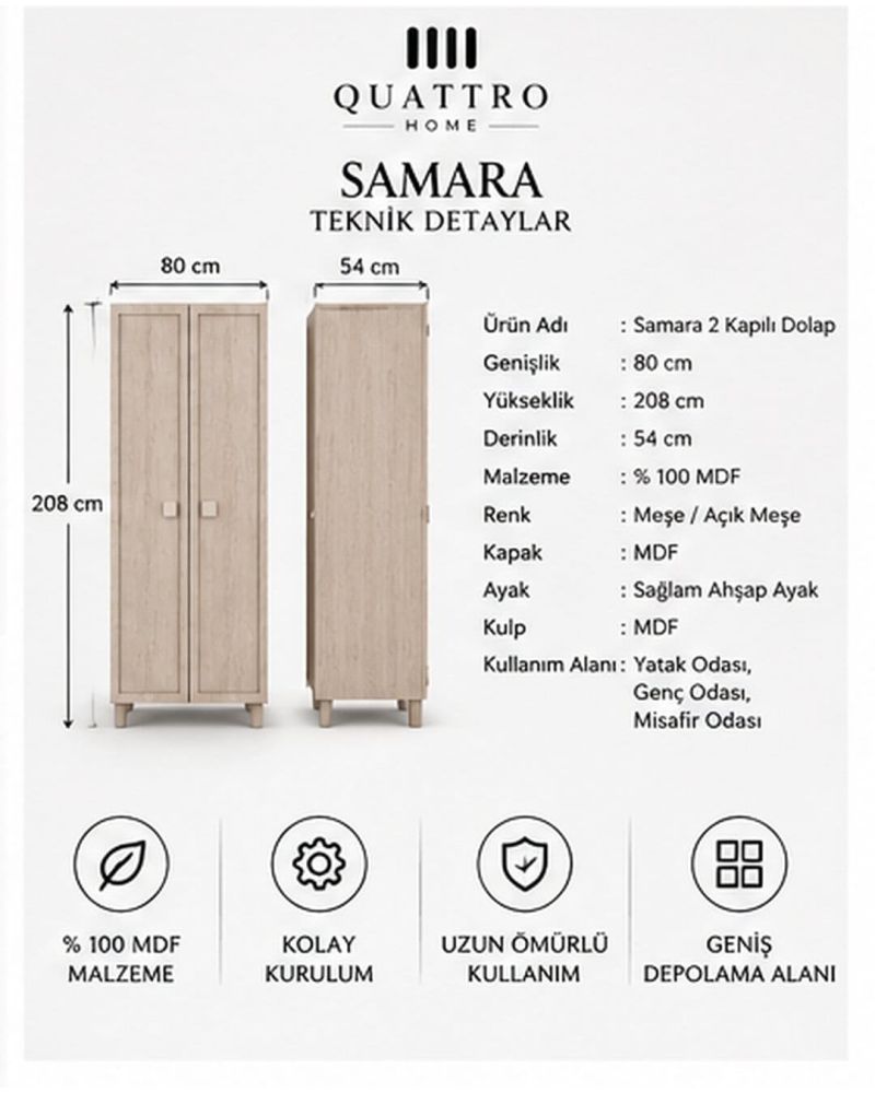 SAMARA 2 KAPAKLI DOLAP-Genişlik: 80 cm  Yükseklik: 208 cm  Derinlik: 54 cm-%100 MDF