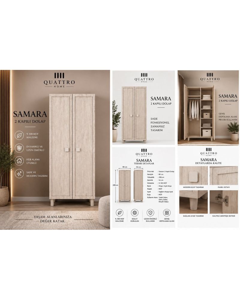 SAMARA 2 KAPAKLI DOLAP-Genişlik: 80 cm  Yükseklik: 208 cm  Derinlik: 54 cm-%100 MDF