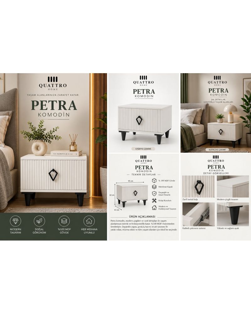 PETRA KOMODİN ÇEKMECELİ-Genişlik: 55 cm  Yükseklik: 42 cm  Derinlik: 41 cm-MDF