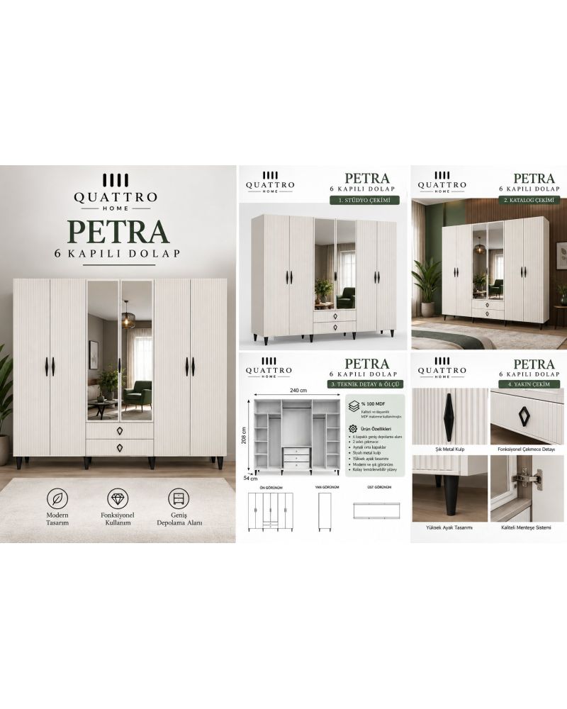 PETRA 6 KAPAKLI DOLAP-Genişlik: 240 cm  Yükseklik: 208 cm  Derinlik: 54 cm-%100 MDF
