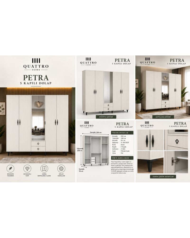 PETRA 5 KAPAKLI DOLAP-Genişlik: 200 cm  Yükseklik: 208 cm  Derinlik: 54- %100 MDF