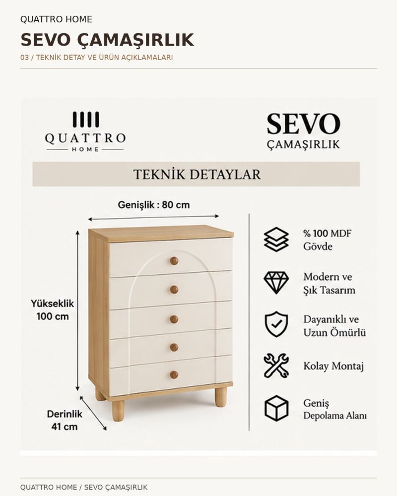 SEVO ÇAMAŞIRLIK ŞİFONYER -Genişlik: 80 cm  Yükseklik: 100 cm  Derinlik: 41 cm-%100 MDF