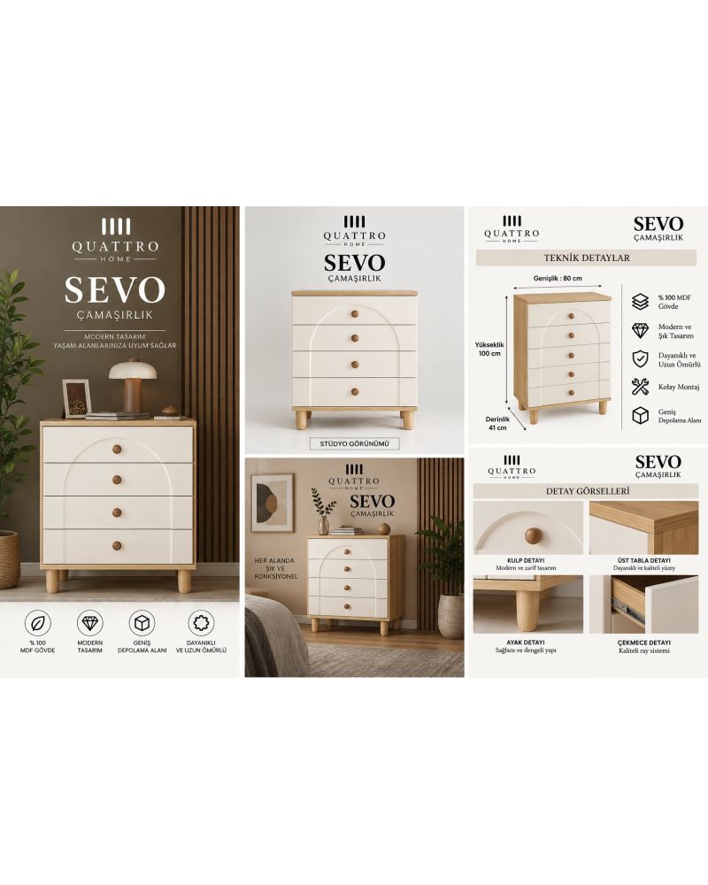 SEVO ÇAMAŞIRLIK ŞİFONYER -Genişlik: 80 cm  Yükseklik: 100 cm  Derinlik: 41 cm-%100 MDF