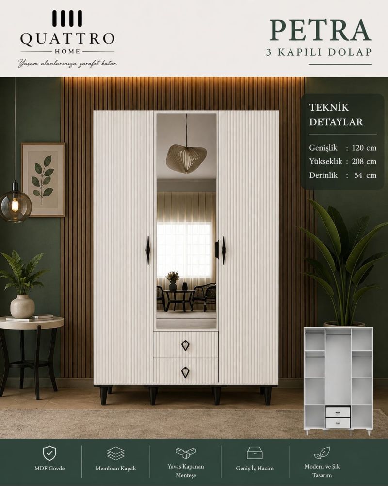 PETRA 3 KAPAKLI DOLAP-- 120-208 -54-%100 MDF