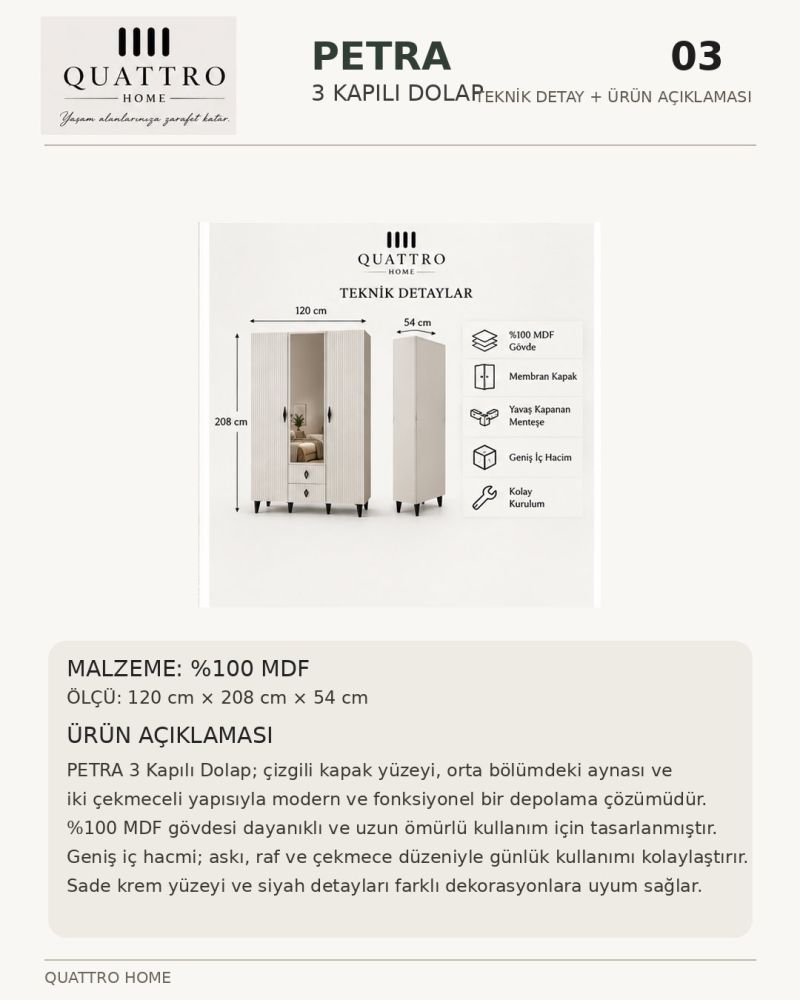 PETRA 3 KAPAKLI DOLAP-- 120-208 -54-%100 MDF