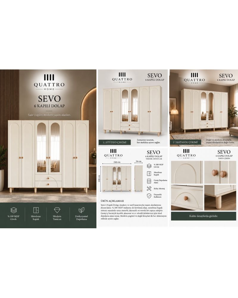 SEVO 6 KAPAKLI DOLAP -%100 MDF-Genişlik: 240 cm  Yükseklik: 208 cm  Derinlik: 54 cm
