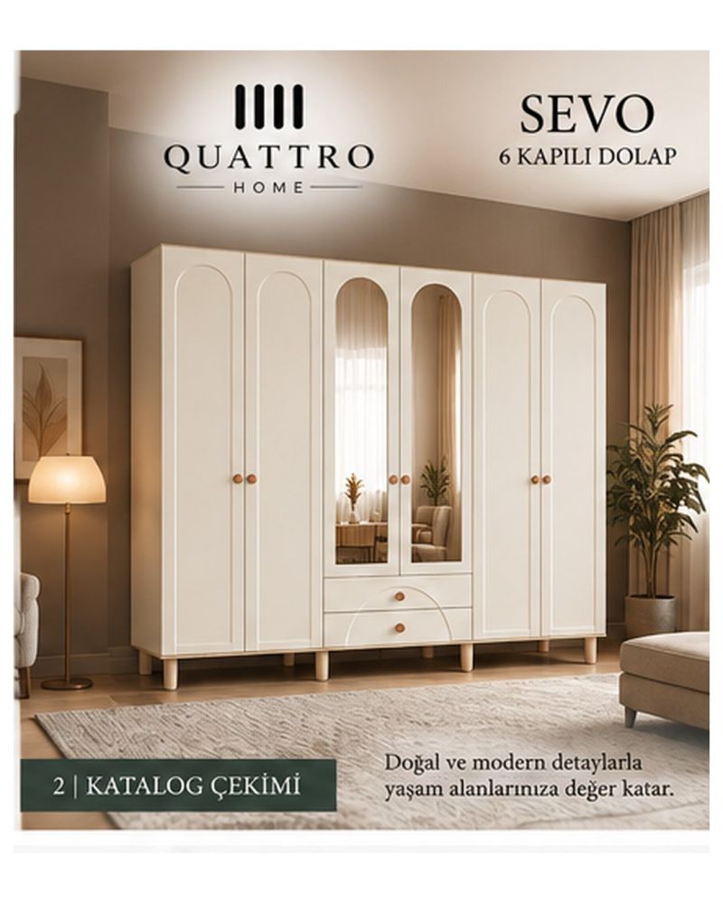 SEVO 6 KAPAKLI DOLAP -%100 MDF-Genişlik: 240 cm  Yükseklik: 208 cm  Derinlik: 54 cm