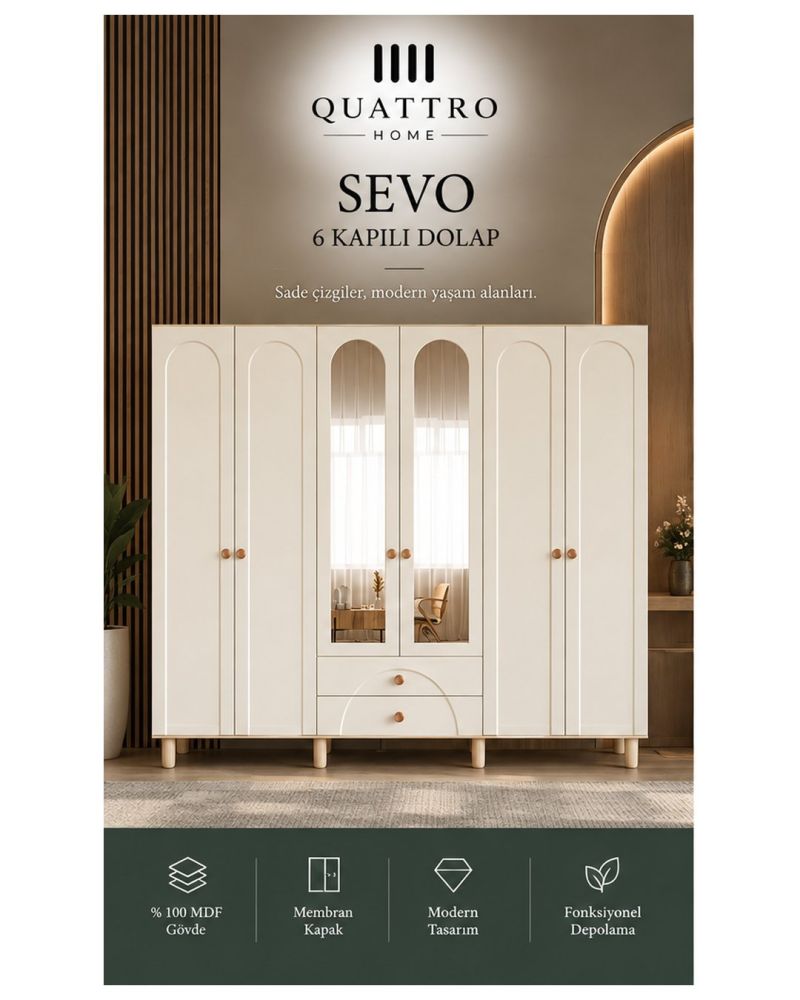 SEVO 6 KAPAKLI DOLAP -%100 MDF-Genişlik: 240 cm  Yükseklik: 208 cm  Derinlik: 54 cm
