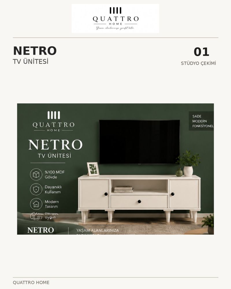 NETRO TV ÜNİTESİ  -Genişlik: 160 cm  Yükseklik: 66 cm  Derinlik: 41 cm -%100 MDF