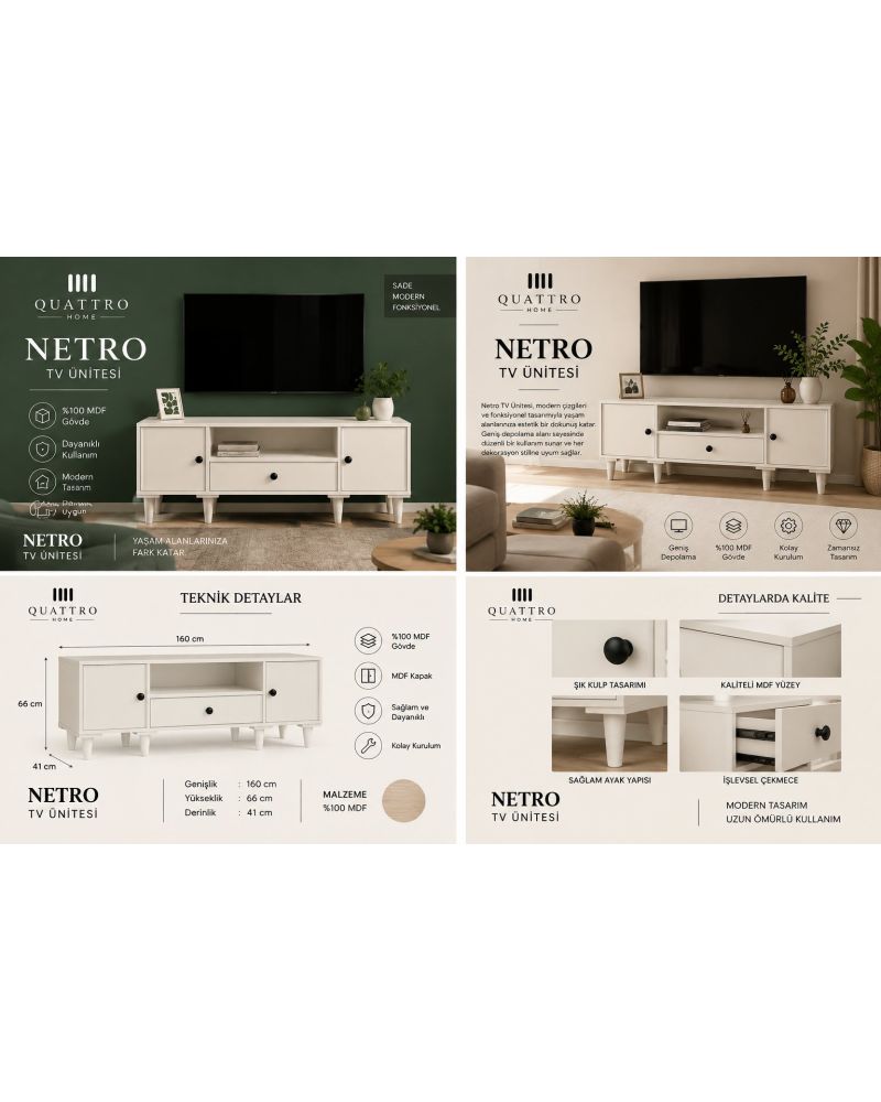 NETRO TV ÜNİTESİ  -Genişlik: 160 cm  Yükseklik: 66 cm  Derinlik: 41 cm -%100 MDF