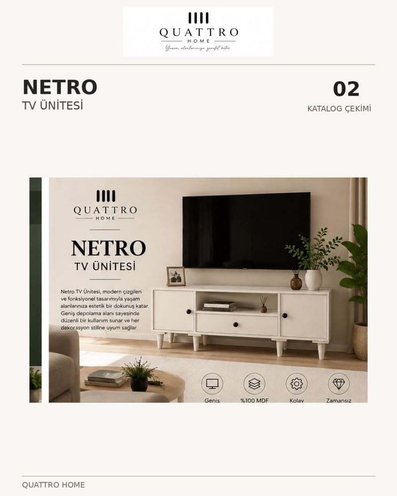 NETRO TV ÜNİTESİ  -Genişlik: 160 cm  Yükseklik: 66 cm  Derinlik: 41 cm -%100 MDF