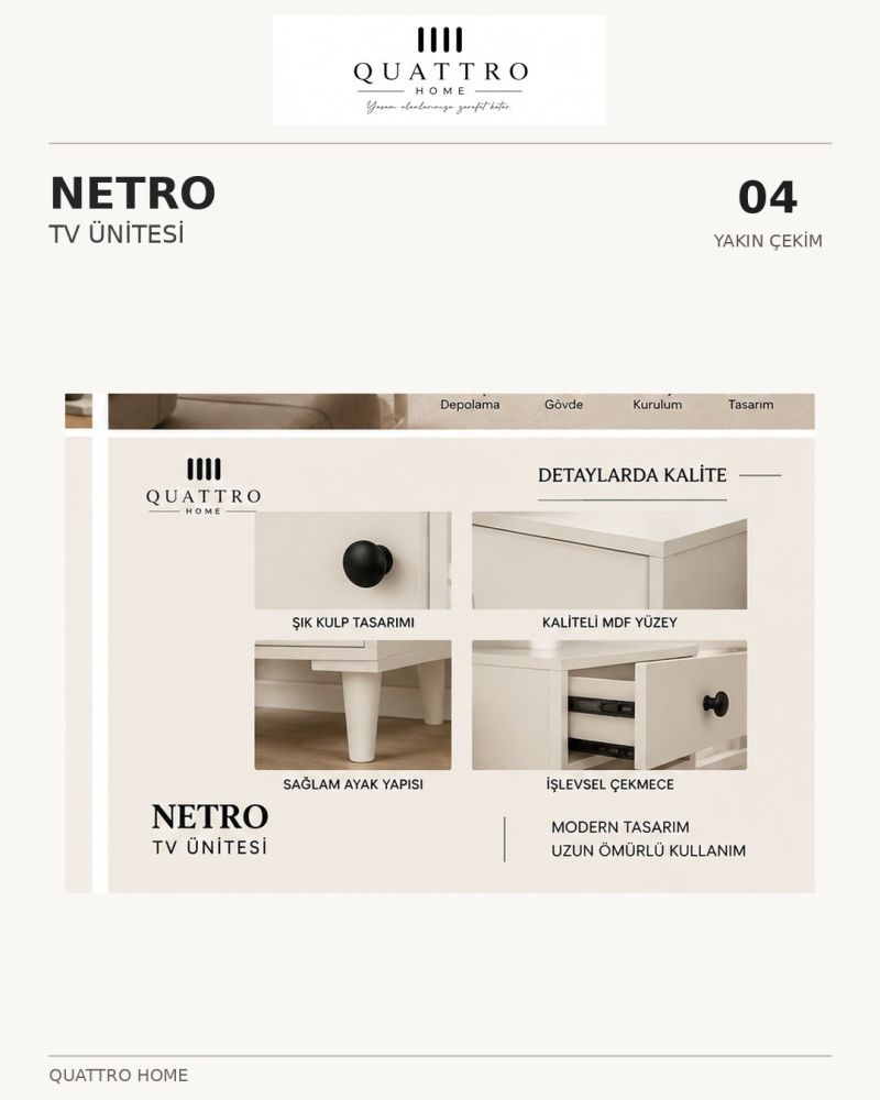 NETRO TV ÜNİTESİ  -Genişlik: 160 cm  Yükseklik: 66 cm  Derinlik: 41 cm -%100 MDF