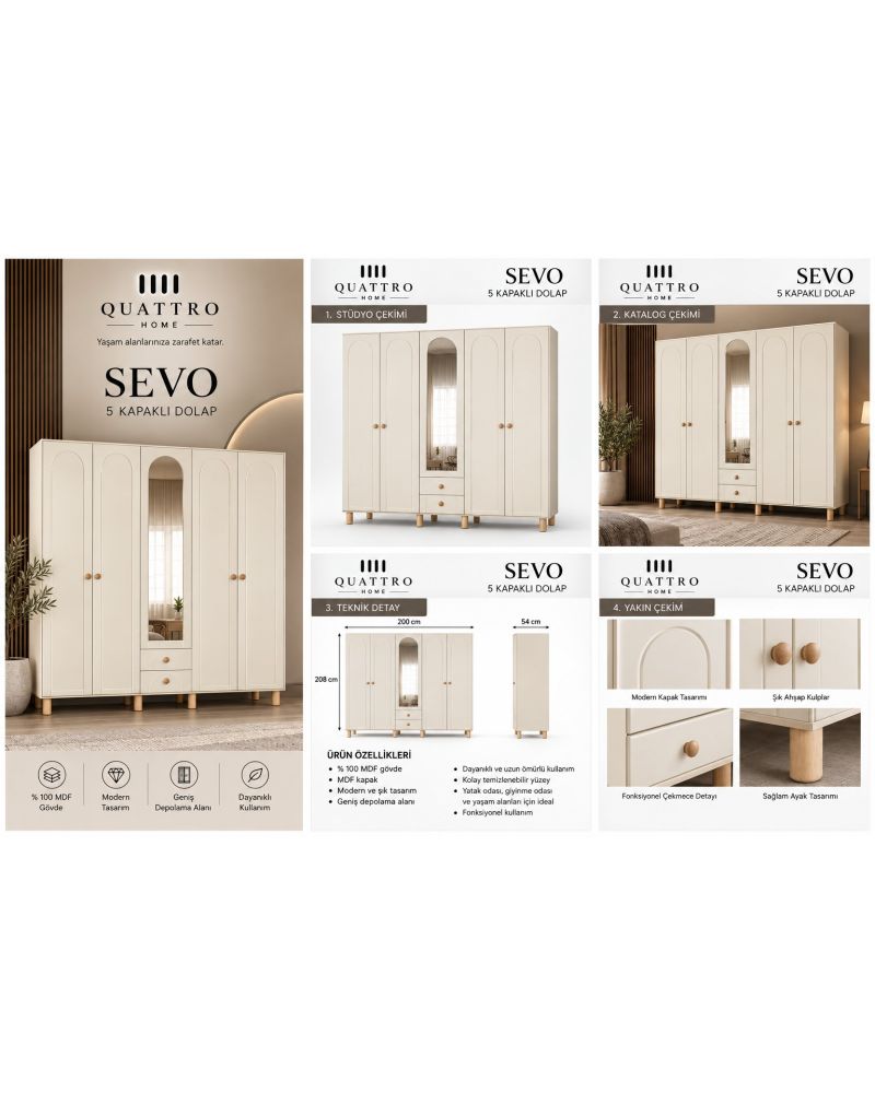 SEVO 5 KAPAKLI DOLAP -Genişlik: 200 cm  Yükseklik: 208 cm  Derinlik: 54 cm-%100 MDF