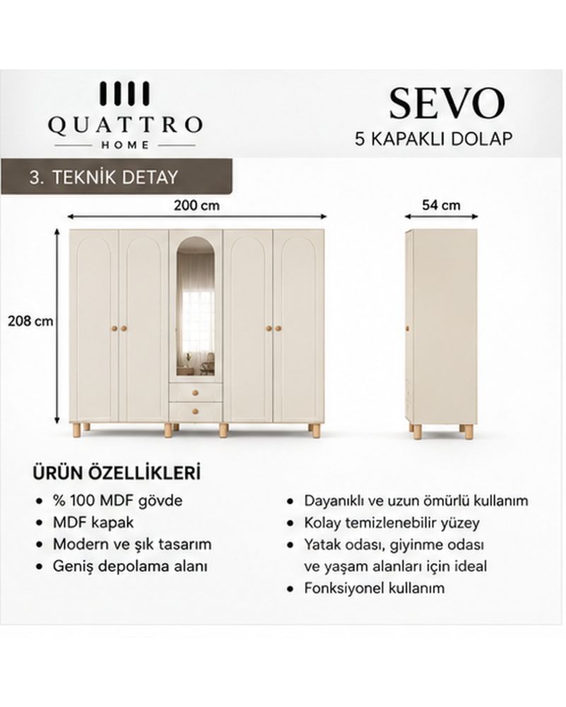 SEVO 5 KAPAKLI DOLAP -Genişlik: 200 cm  Yükseklik: 208 cm  Derinlik: 54 cm-%100 MDF