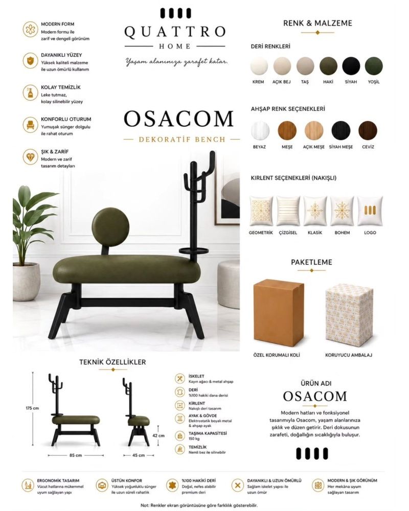 Osacom Askılıklı Dekoratif Bench – Hakiki Deri Oturumlu, Metal ve Ahşap Gövdeli