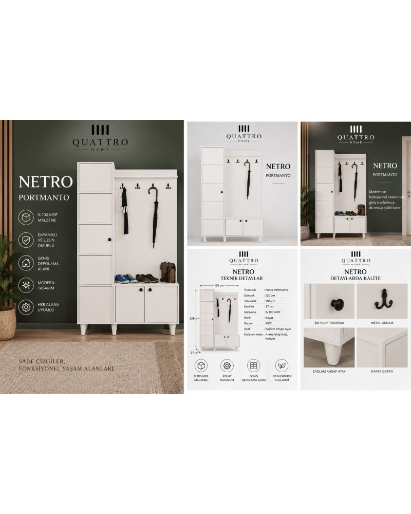 NETRO GENİŞ VESTİYER-Genişlik: 120 cm  Yükseklik: 208 cm  Derinlik: 37 cm-%100 MDF