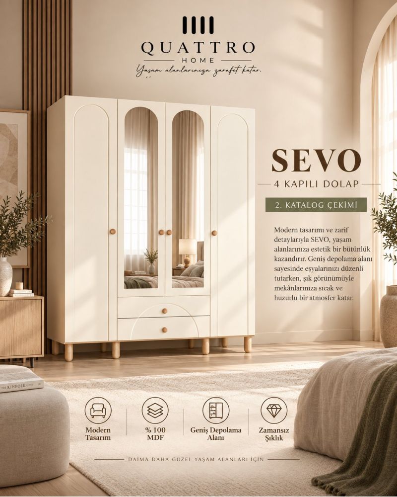 SEVO 4 KAPAKLI DOLAP -Genişlik: 160 cm  Yükseklik: 208 cm  Derinlik: 54 cm-%100 MDF