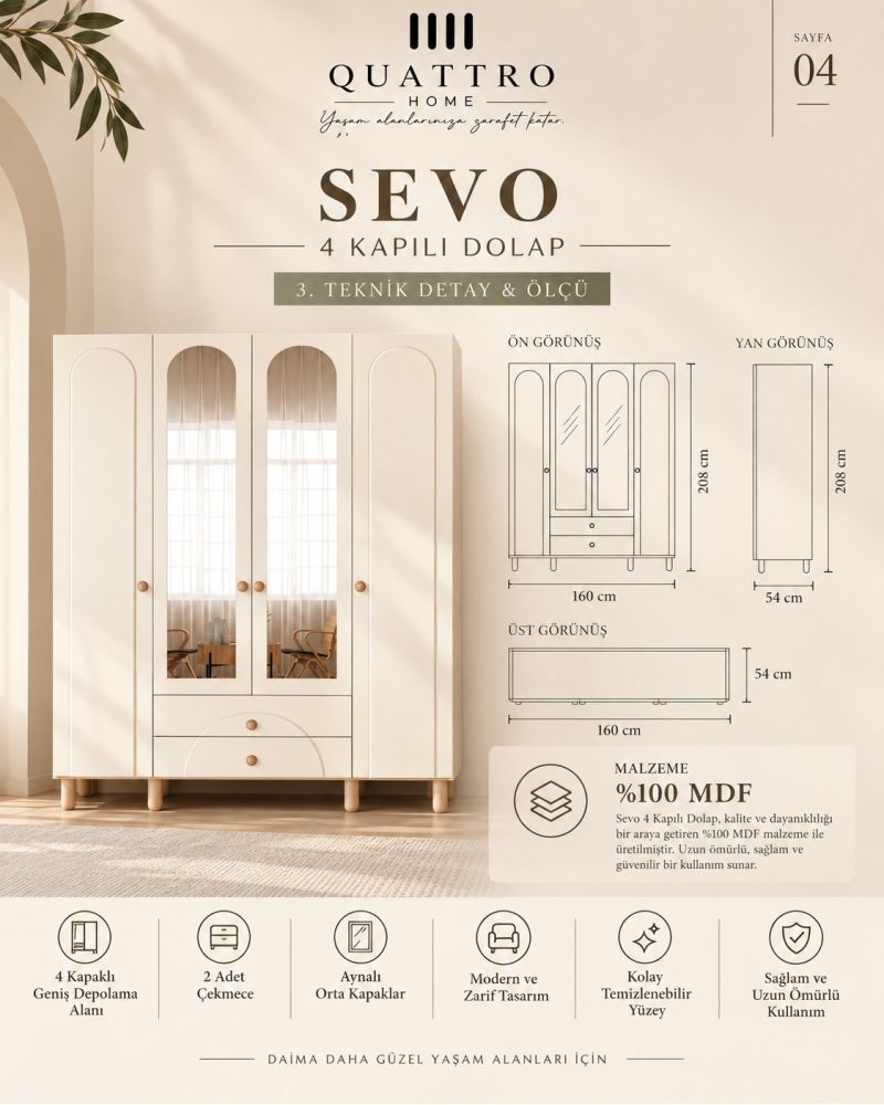 SEVO 4 KAPAKLI DOLAP -Genişlik: 160 cm  Yükseklik: 208 cm  Derinlik: 54 cm-%100 MDF