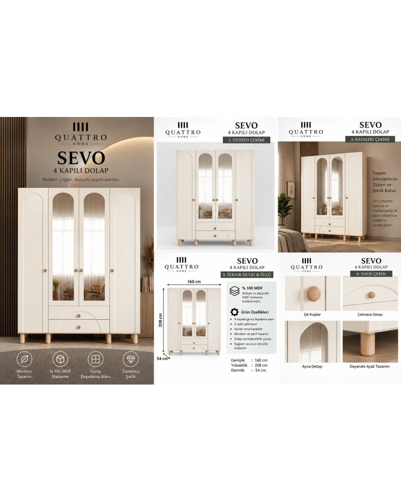 SEVO 4 KAPAKLI DOLAP -Genişlik: 160 cm  Yükseklik: 208 cm  Derinlik: 54 cm-%100 MDF