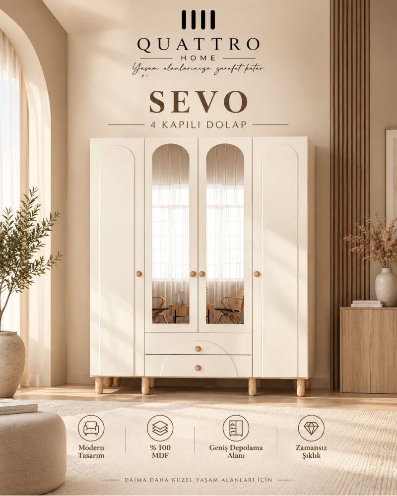 SEVO 4 KAPAKLI DOLAP -Genişlik: 160 cm  Yükseklik: 208 cm  Derinlik: 54 cm-%100 MDF