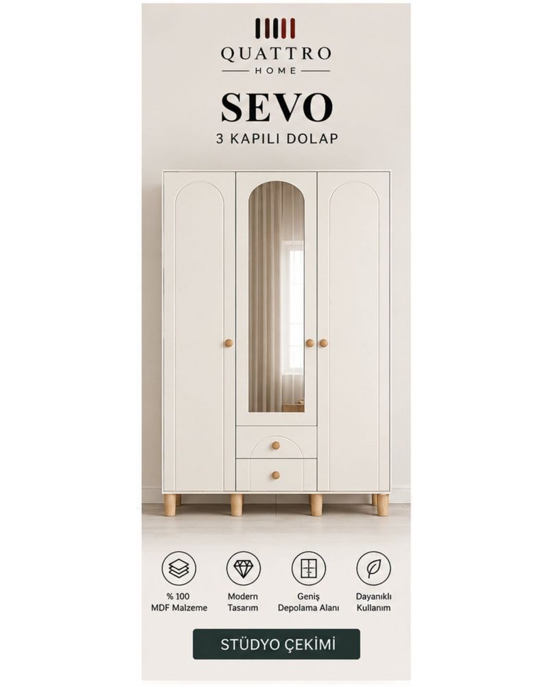 SEVO 3 KAPAKLI DOLAP -Genişlik: 120 cm  Yükseklik: 208 cm  Derinlik: 54 cm-%100 MDF