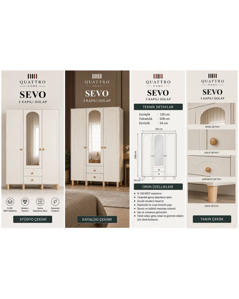 SEVO 3 KAPAKLI DOLAP -Genişlik: 120 cm  Yükseklik: 208 cm  Derinlik: 54 cm-%100 MDF