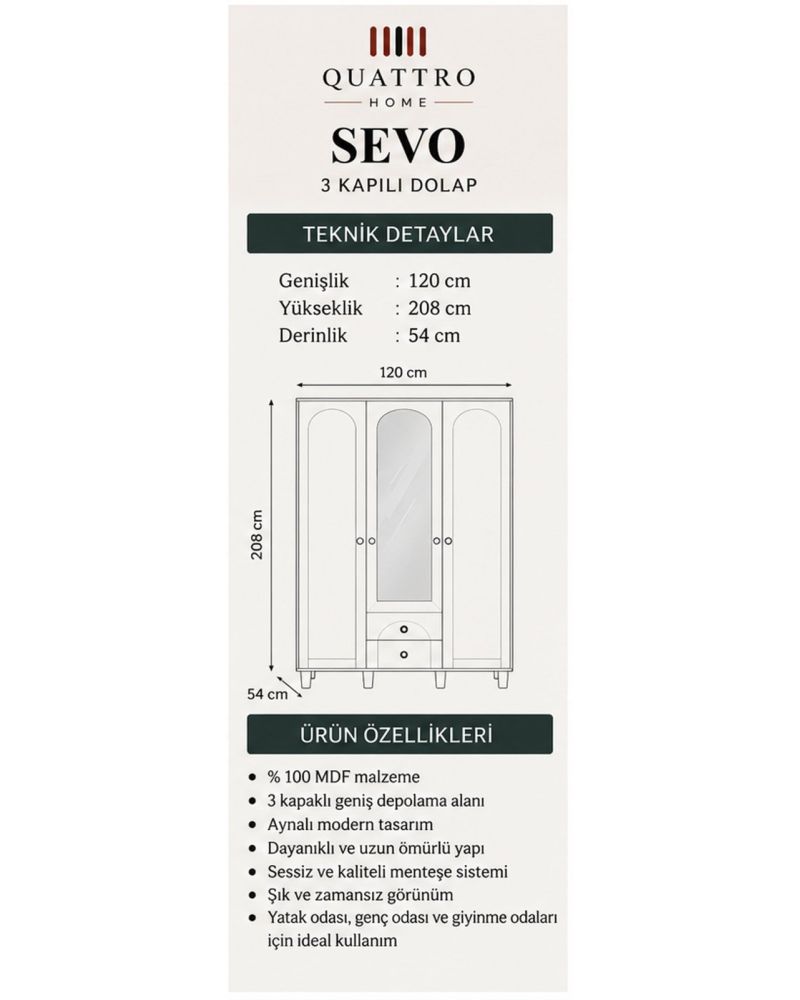 SEVO 3 KAPAKLI DOLAP -Genişlik: 120 cm  Yükseklik: 208 cm  Derinlik: 54 cm-%100 MDF