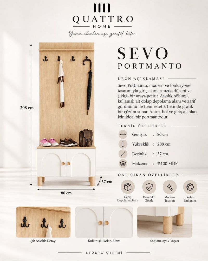 SEVO VESTİYER PORTMANTO -Genişlik: 80 cm  Yükseklik: 208 cm  Derinlik: 37 cm-%100 MDF