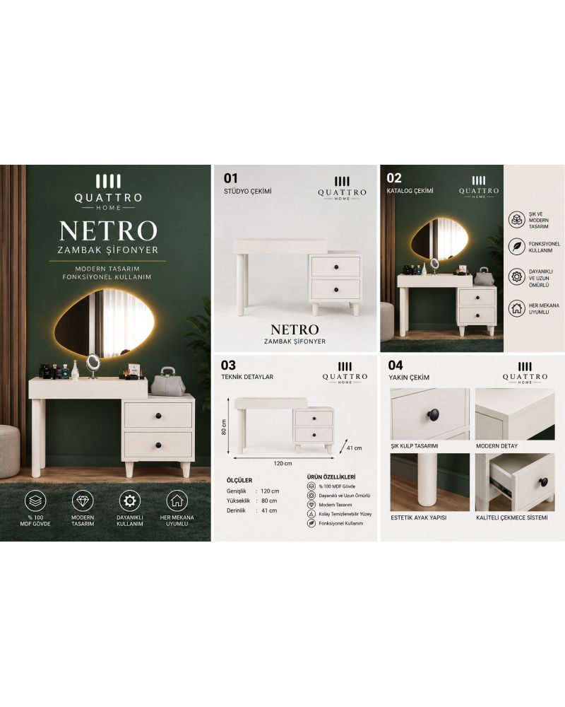 NETRO MAKYAJ MASASI -Genişlik: 120 cm  Yükseklik: 80 cm  Derinlik: 41 cm-%100 MDF