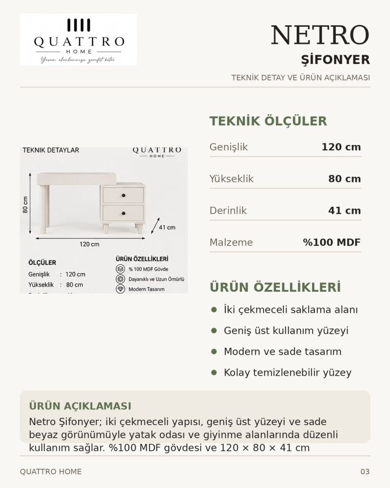 NETRO MAKYAJ MASASI -Genişlik: 120 cm  Yükseklik: 80 cm  Derinlik: 41 cm-%100 MDF
