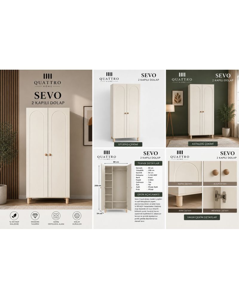 SEVO 2 KAPAKLI DOLAP-Genişlik: 80 cm  Yükseklik: 208 cm  Derinlik: 54 cm-%100 MDF