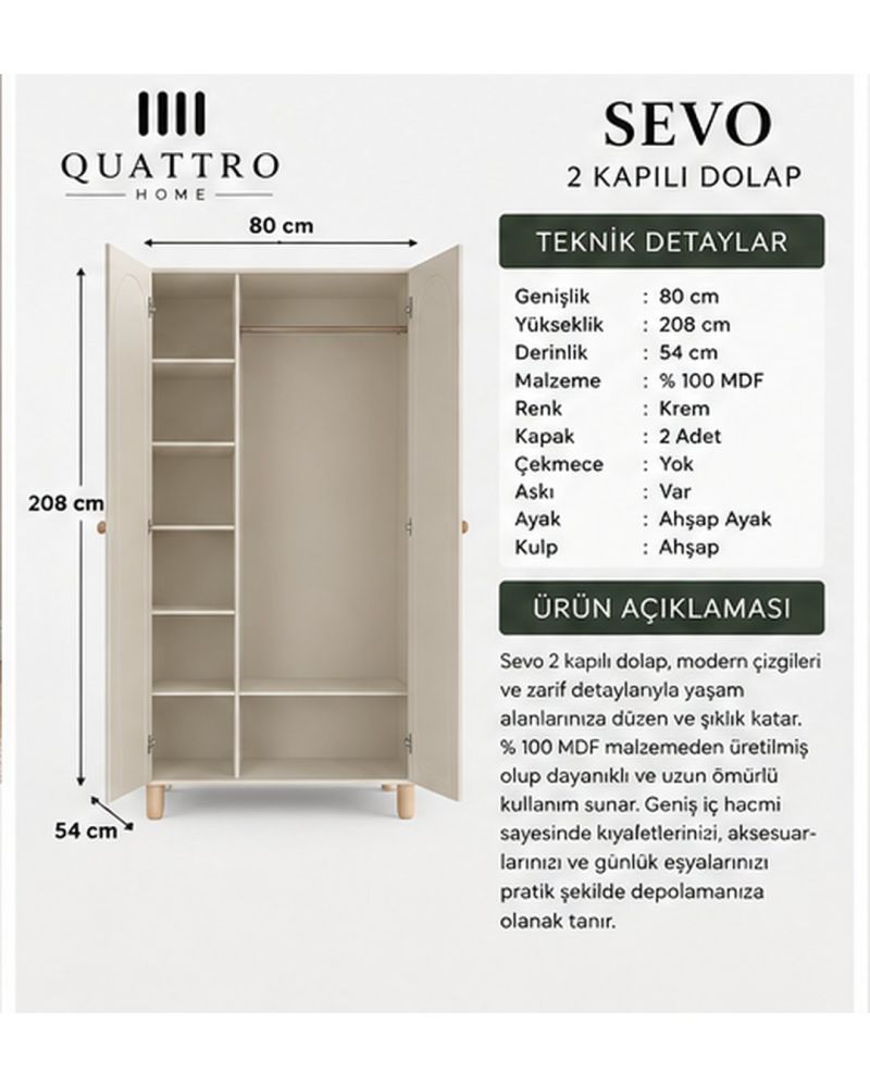 SEVO 2 KAPAKLI DOLAP-Genişlik: 80 cm  Yükseklik: 208 cm  Derinlik: 54 cm-%100 MDF