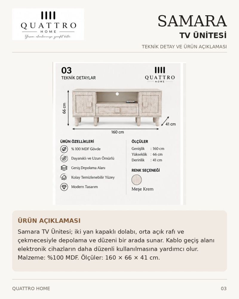 SAMARA TV ÜNİTESİ-Genişlik: 160 cm  Yükseklik: 66 cm  Derinlik: 41 cm-%100 MDF