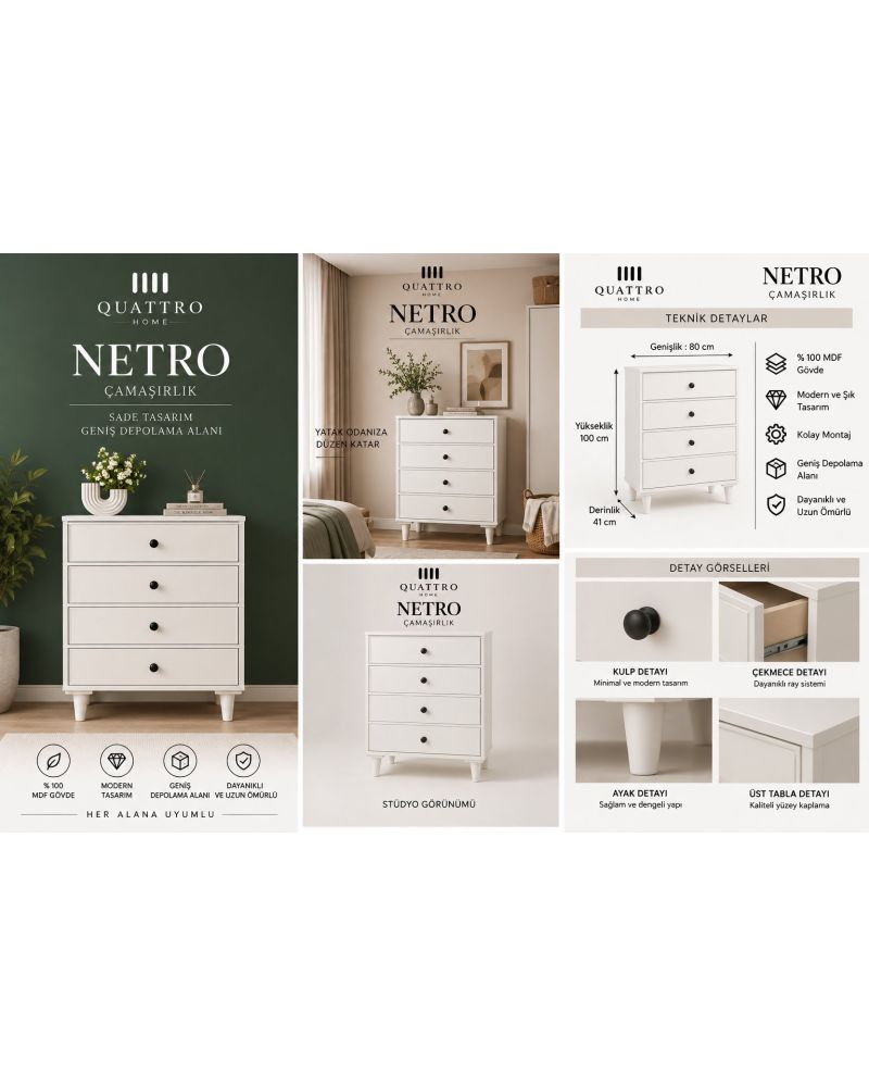NETRO ÇAMAŞIRLIK ŞİFONYER-Genişlik: 80 cm Yükseklik: 100 cm Derinlik: 41 cm-%100 MDF