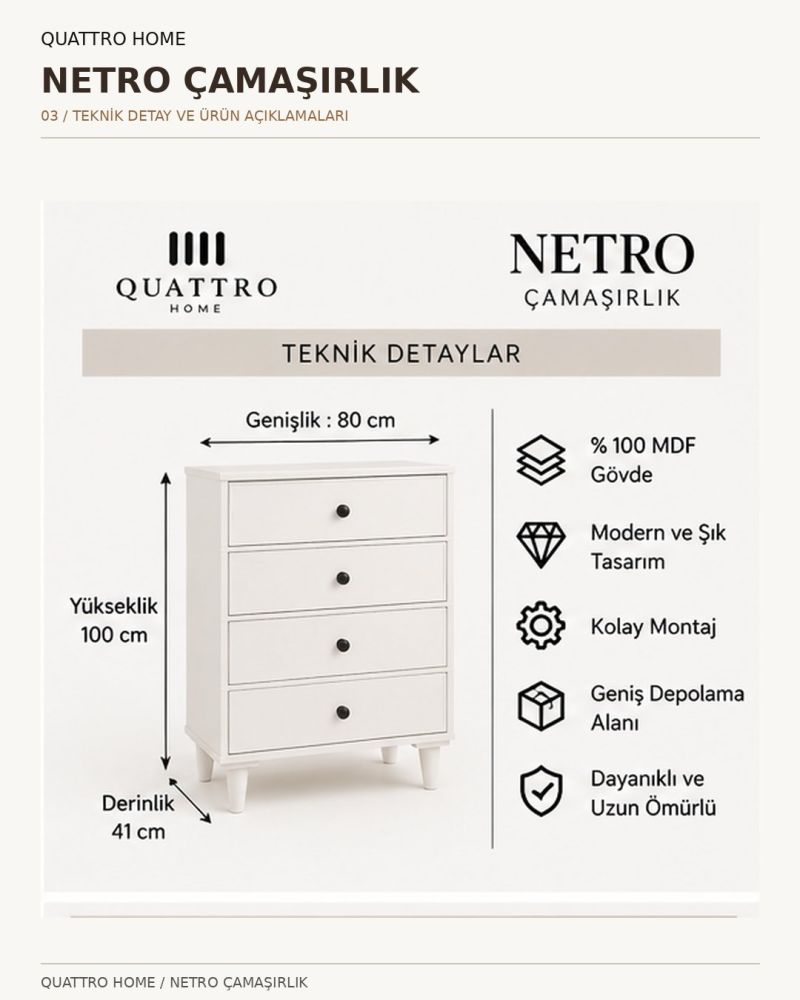 NETRO ÇAMAŞIRLIK ŞİFONYER-Genişlik: 80 cm Yükseklik: 100 cm Derinlik: 41 cm-%100 MDF