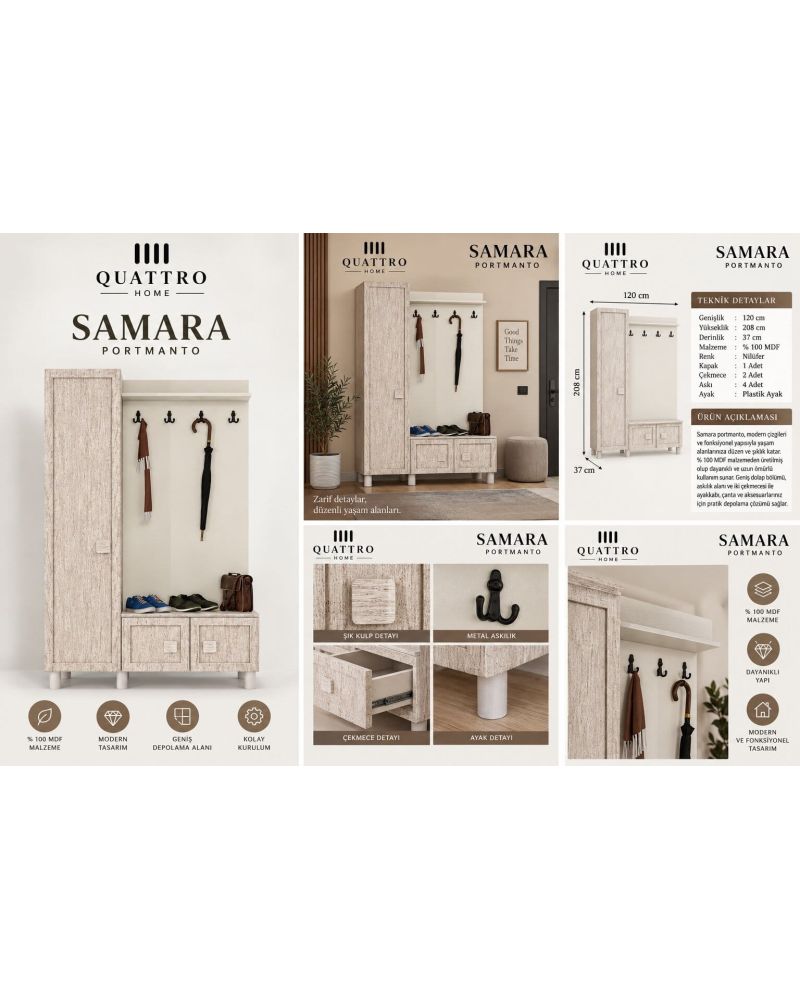 SAMARA GENİŞ VESTİYER-Genişlik: 120 cm  Yükseklik: 208 cm  Derinlik: 37 cm-%100 MDF