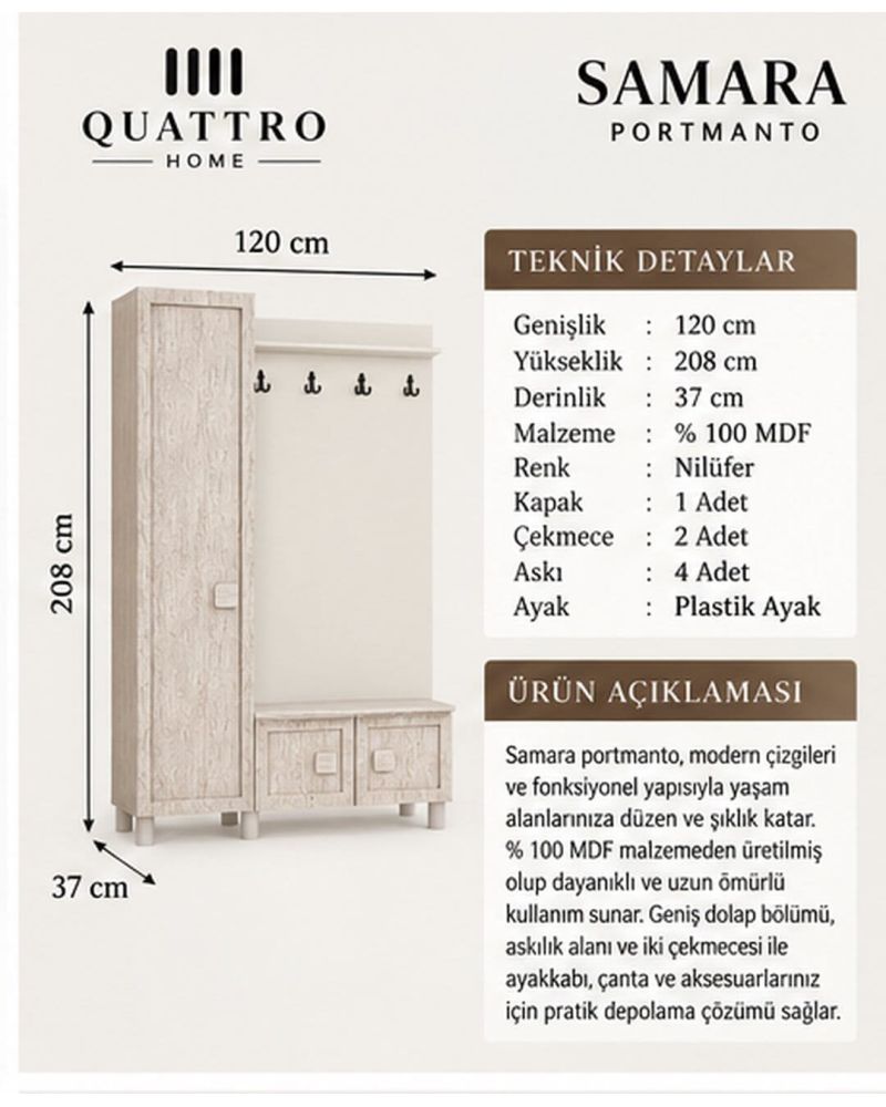 SAMARA GENİŞ VESTİYER-Genişlik: 120 cm  Yükseklik: 208 cm  Derinlik: 37 cm-%100 MDF