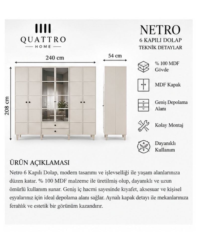 NETRO 6 KAPAKLI DOLAP-Genişlik: 240 cm Yükseklik: 208 cm Derinlik: 54 cm-%100 MDF