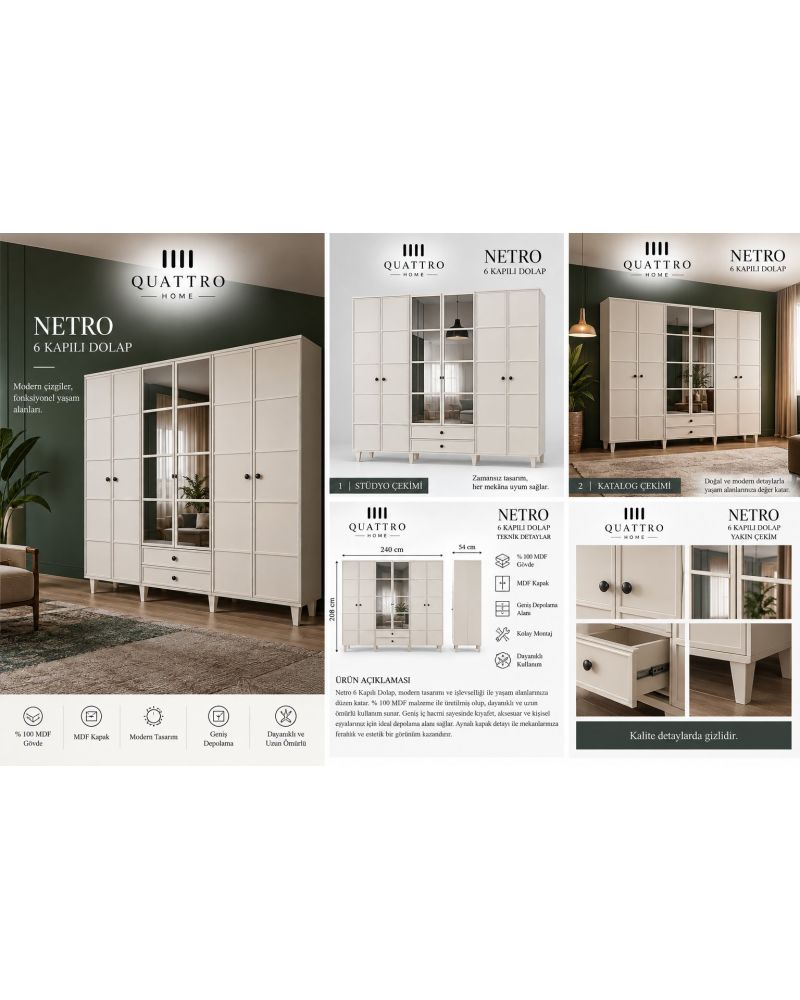 NETRO 6 KAPAKLI DOLAP-Genişlik: 240 cm Yükseklik: 208 cm Derinlik: 54 cm-%100 MDF
