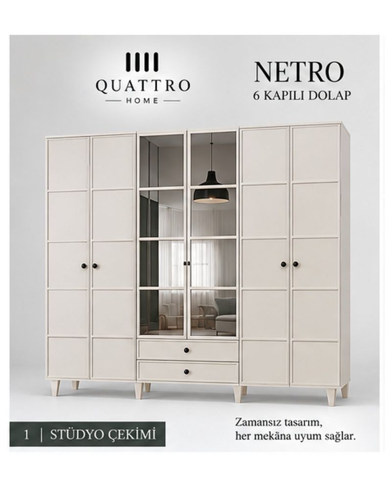 NETRO 6 KAPAKLI DOLAP-Genişlik: 240 cm Yükseklik: 208 cm Derinlik: 54 cm-%100 MDF