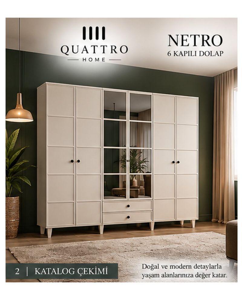 NETRO 6 KAPAKLI DOLAP-Genişlik: 240 cm Yükseklik: 208 cm Derinlik: 54 cm-%100 MDF