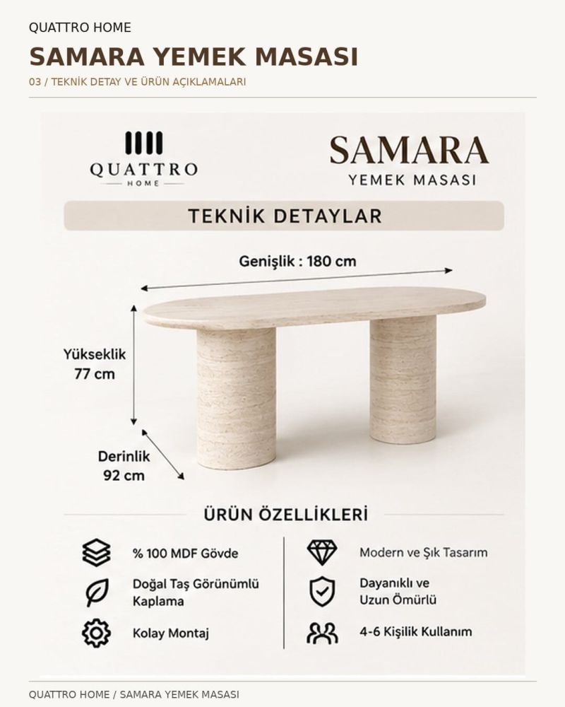SAMARA YEMEK MASASI-Genişlik: 180 cm  Yükseklik: 77 cm  Derinlik: 92 cm-%100 MDF