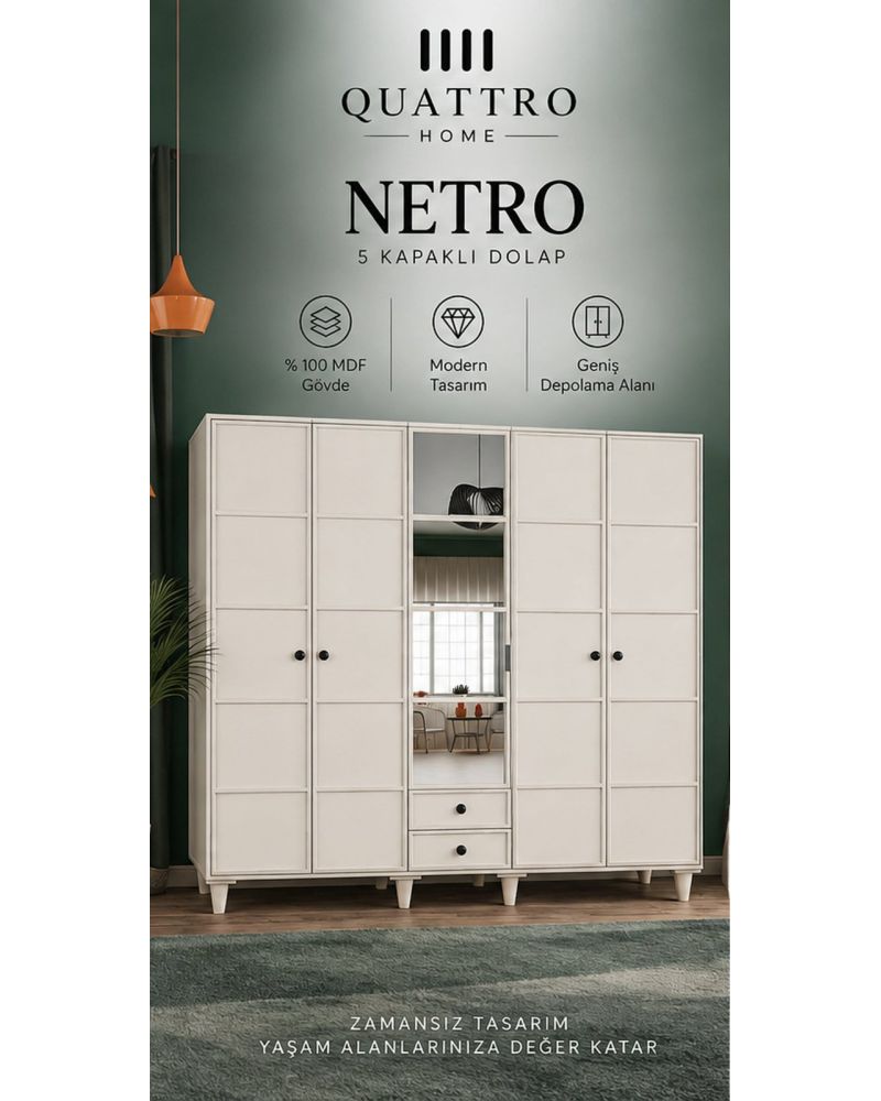 NETRO 5 KAPAKLI DOLAP -Genişlik: 200 cm Yükseklik: 208 cm Derinlik: 54 cm-%100 MDF