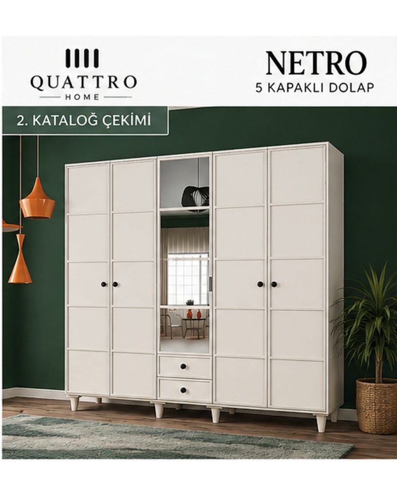 NETRO 5 KAPAKLI DOLAP -Genişlik: 200 cm Yükseklik: 208 cm Derinlik: 54 cm-%100 MDF