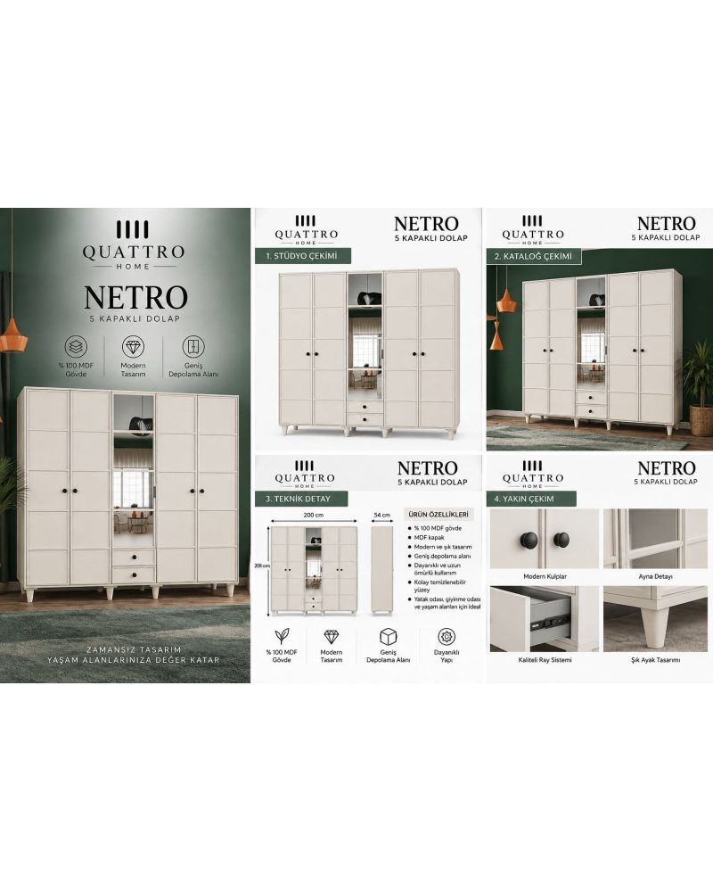 NETRO 5 KAPAKLI DOLAP -Genişlik: 200 cm Yükseklik: 208 cm Derinlik: 54 cm-%100 MDF